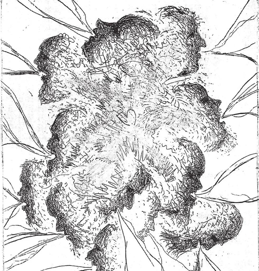 Die Grafik zeigt eine große Wolke mit einem kleinen Herz in der Mitte. Die Wolke besteht aus 12 Gesichtern, die alle nach außen gerichtet sind. Aus ihren Mündern strömt der Atem.